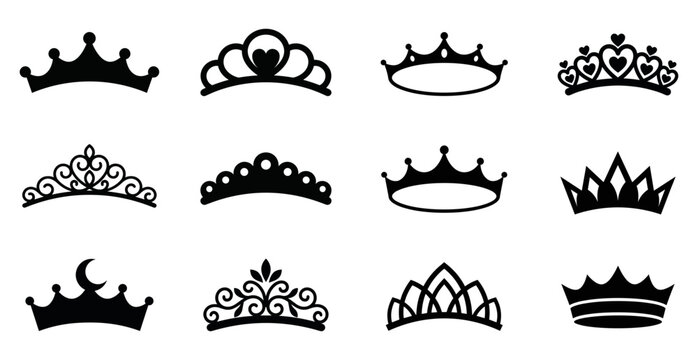 Princess tiara and royal crown collection for beauty fashion and wedding graphic design.