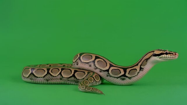 Ball python slithering across a vibrant green screen background with gentle cinematic motion