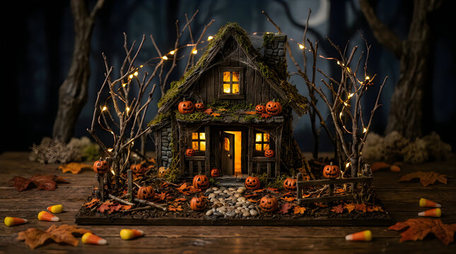 Cozy house surrounded by autumn leaves and pumpkins at night with warm lights