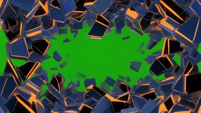 Abstract shattered glass with green screen placeholders during dynamic motion