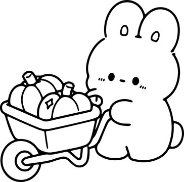 Cute Bunny with Wheelbarrow Carrying Pumpkins