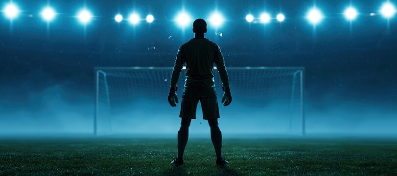 Goalkeeper standing before goal under stadium lights with mist on open field