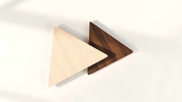 Light birch and dark walnut wooden triangles in arrowhead arrangement, minimal directional concept