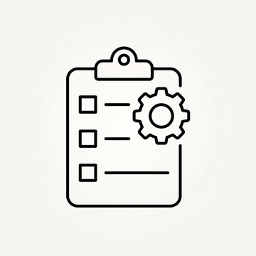 Vector Line Icon of a Clipboard Checklist with a Gear Symbol for Task Management and System Configuration Settings