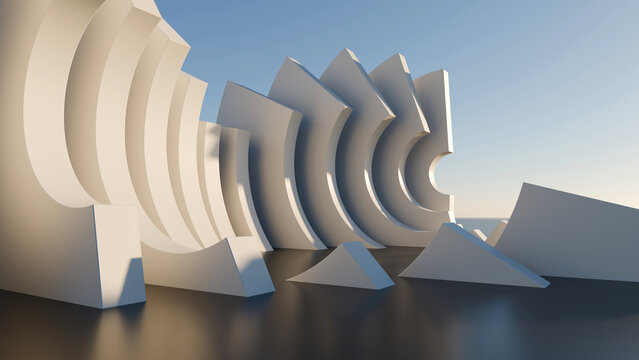 3D white abstract architectural wave structure with dynamic curves. Ideal for modern background designs, architectural presentations, property portfolios, and web banners