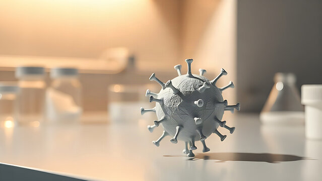 Geometric virus capsid model on minimal laboratory bench, scientific yet warm and accessible concept.