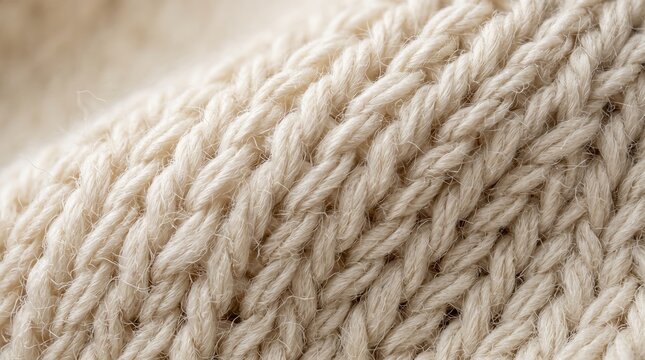 Cozy cream knitted merino wool fabric texture with thick woven yarn loops