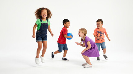 Obraz premium Children play together with a blue ball while jumping and laughing in a bright studio against a white background.