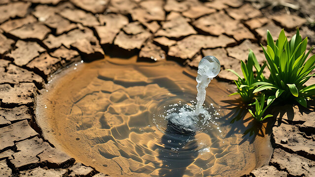 An artesian spring bubbling from cracked earth into a clear, plant-lined pool.