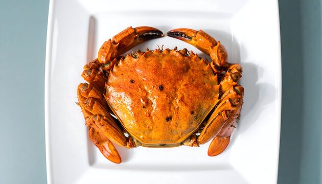 Steamed mud crab served on a square ceramic plate ready for consumption at a restaurant table featuring fresh seafood cuisine prepared in an authentic traditional manner for a healthy meal