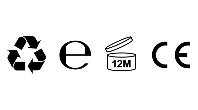 Product labeling vector set showing recycling symbol, estimated mark, 12 month PAO icon, and CE mark isolated.