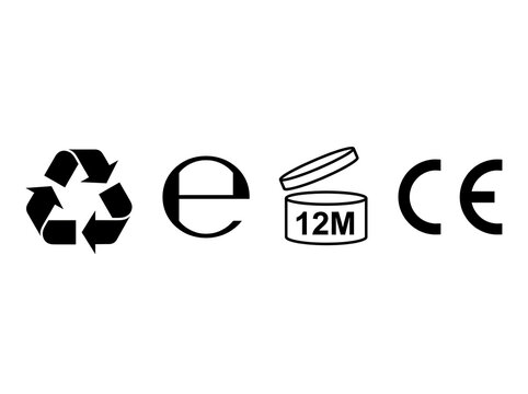 Standard packaging icons for cosmetics containing recycling symbol, estimated sign, 12M jar, and CE certification logo.
