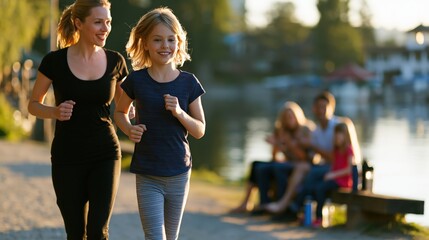 Fototapeta premium Parent and child jogging together on lakeside path with family cheering from bench