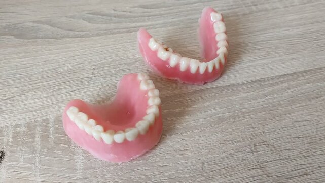Set of artificial dentures with pink gum base resting on a wooden surface