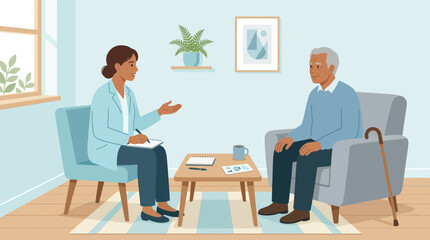 Fototapeta premium Therapist talking to elderly man in comfortable room, mental health support