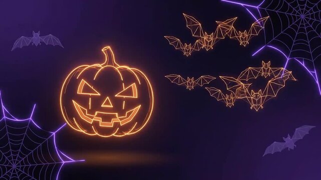 Glowing orange pumpkin and flying bats on a dark purple background for a festive helloween celebration