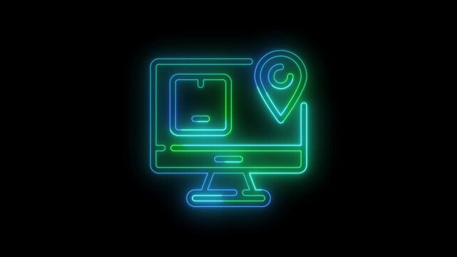 Modern neon desktop computer and GPS location pin icon animation featuring a glowing outline on a black background. Represents GPS navigation, location tracking, desktop mapping, 