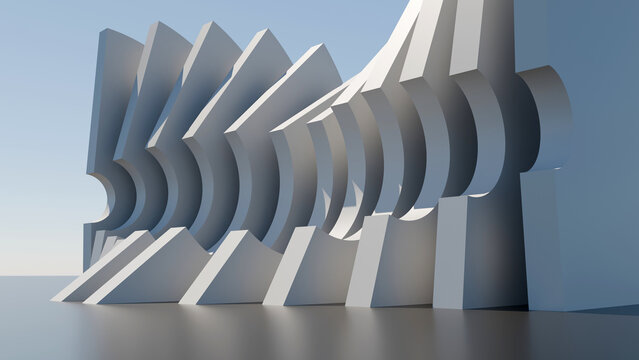 3D white abstract architectural geometric wall with curved and angular forms. Perfect for modern design backgrounds, property presentations, construction templates, and digital media