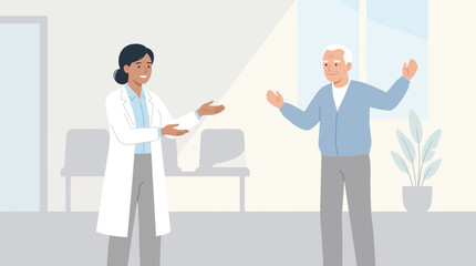 Obraz premium Doctor and patient smiling in clinic, welcoming gesture, healthcare concept