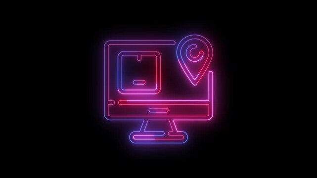 Modern neon desktop computer and GPS location pin icon animation featuring a glowing outline on a black background. Represents GPS navigation, location tracking, desktop mapping, 