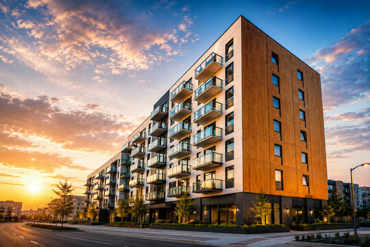 Modern apartment complex with glass balconies under a vibrant sunset sky. Ideal for commercial real estate marketing and urban property development.