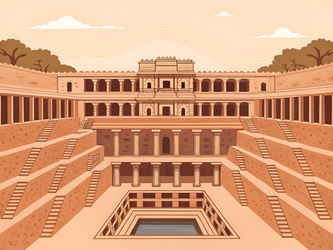 Rani ki Vav, Patan, Gujarat, extraordinary ancient stepwell with symmetrical descending terraces and intricate carved pillars,