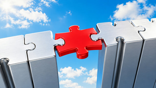 Red jigsaw puzzle piece bridging the gap between metallic puzzle walls under a blue sky. Concept of finding the missing link in corporate strategy.