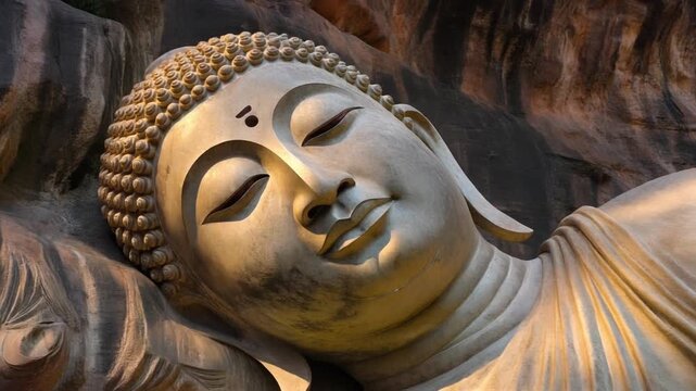 Serene face of the Baodingshan reclining Buddha statue at sunset