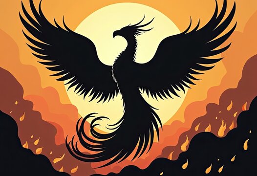 Silhouette of phoenix rising with wings spread against fiery sunset sky