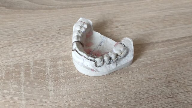 White plaster dental cast with metal wire retainer and clasps on a wooden table