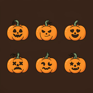 Set of six cute cartoon halloween pumpkins with various funny facial expressions on a dark brown background
