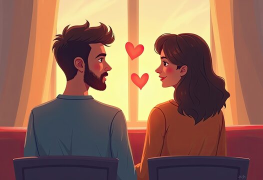 Couple sits facing each other with hearts floating between them