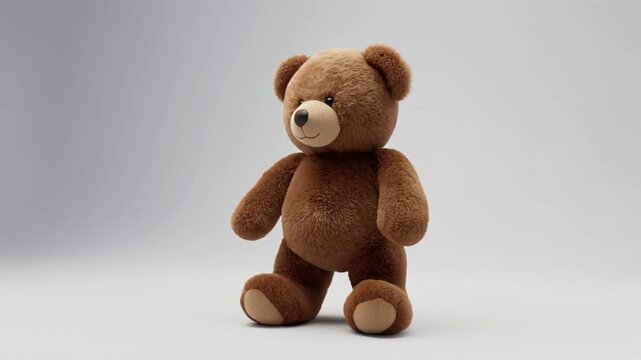 Classic Brown Teddy Bear Standing on Clean White Background, Cute Soft Plush Toy Animation for Kids and Nursery, Full HD 1080p