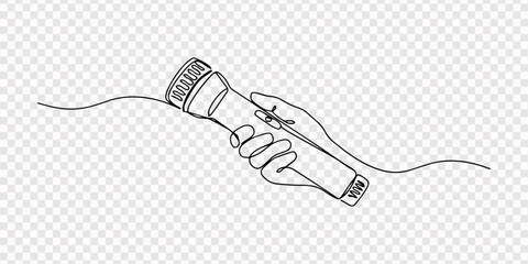 Obraz premium Continuous Line Drawing of Hand Holding a Flashlight, Portable equipment concept. Editable outline, Single line drawing illustration of Hand with Flashlight. Flashlight searching in darkness concept. 