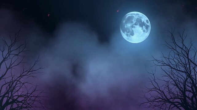 Cinematic Halloween Night Background with Large Glowing Full Moon Behind Drifting Mist and Dead Trees, Spooky Mystery Atmosphere