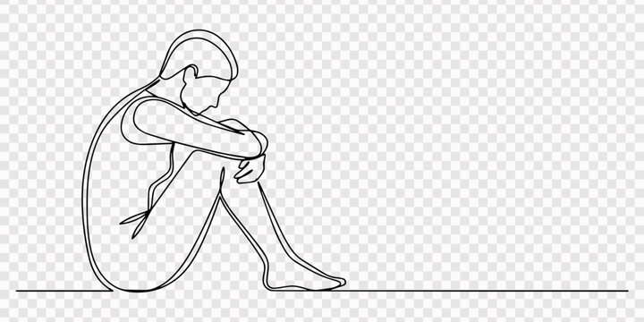 Single line illustration of depression woman sitting on the floor. Axienty, sad, depressed concept. Editable outline, woman sitting on the floor cowering alone - one line drawing vector. concept sad, 