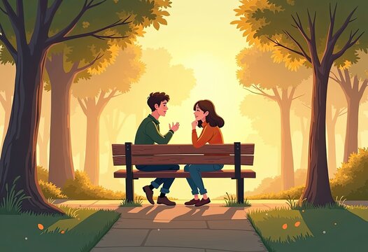 Couple sits on bench talking under golden autumn trees together peacefully