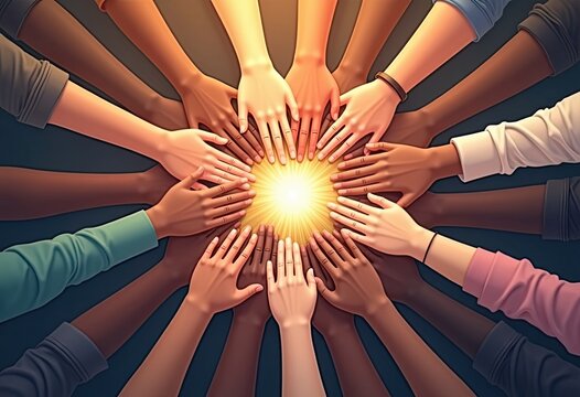 Many hands join together in circle around glowing light center