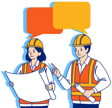 Male and female construction workers communicating and discussing blueprints using speech bubbles, a colorful cartoon illustration