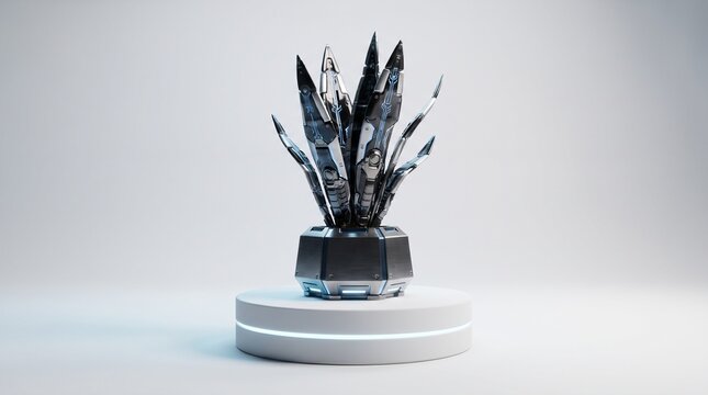 Futuristic crystal trophy award on a round white pedestal for esports championships, sci-fi tournaments, and corporate success recognition.