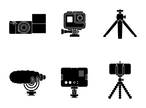 Video Production Gear Icons Set, Action Camera, Microphone, Tripod, Smartphone Mount, Digital Recorder, Content Creation Equipment, Vector Graphics