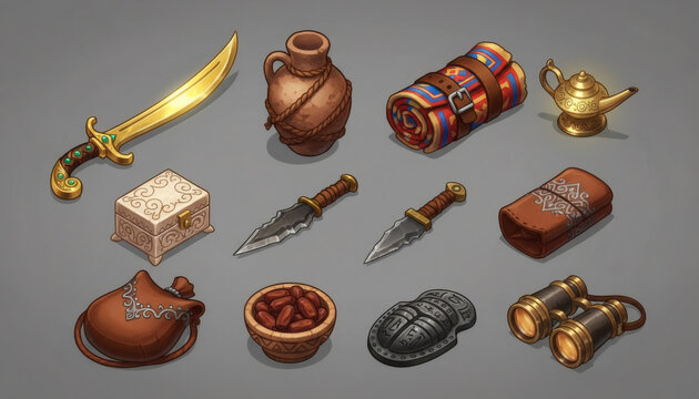 Collection of fantasy-themed treasure items and artifacts   for gamedev 