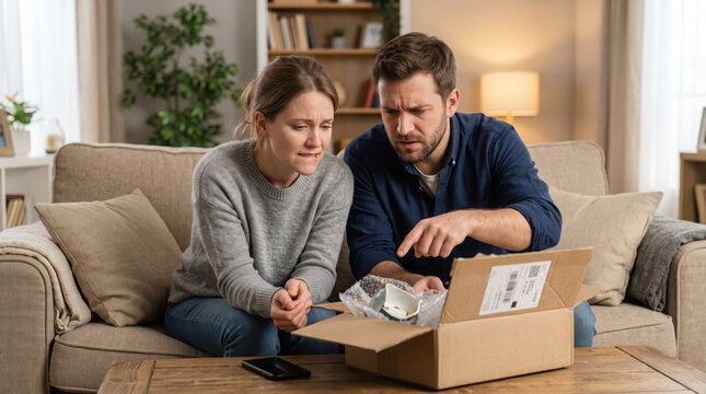 Disappointed couple opening damaged delivery package at home.