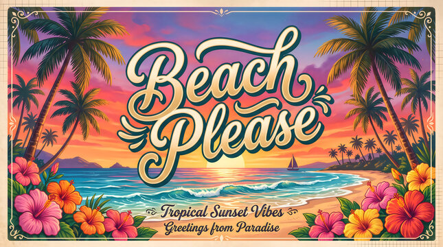 Beach please poster featuring vibrant tropical sunset scenery with lush palm trees blooming colorful hibiscus flowers and elegant script lettering designed for a summer vacation travel advertisement 