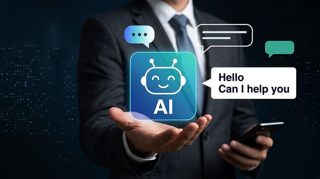 Businessman holding AI chatbot icon for customer support and digital assistant service