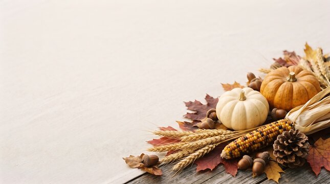 Cozy Autumn Thanksgiving Decor with Pumpkins and Fall Leaves on Rustic Wood Thanksgiving