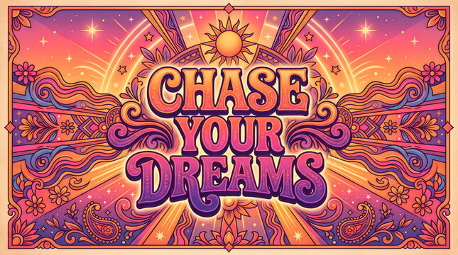 Chase your dreams typography art featuring vibrant sunset gradients intricate paisley patterns glowing sun rays and whimsical floral elements designed in a psychedelic retro style for motivational