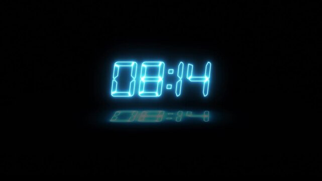 Digital clock faces with glowing blue numbers on black background in cinematic motion