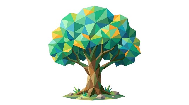 Stylized low poly tree illustration with geometric foliage and brown trunk on white background