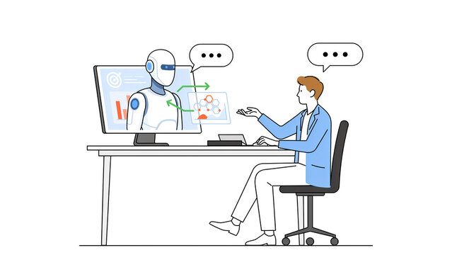 Illustration of person collaborating with robotic assistant at workspace using digital interface and communication bubbles